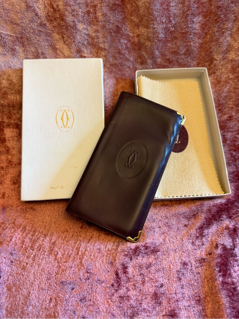 Vintage Must de Cartier Burgundy Leather Long Wallet w/ Box & Card